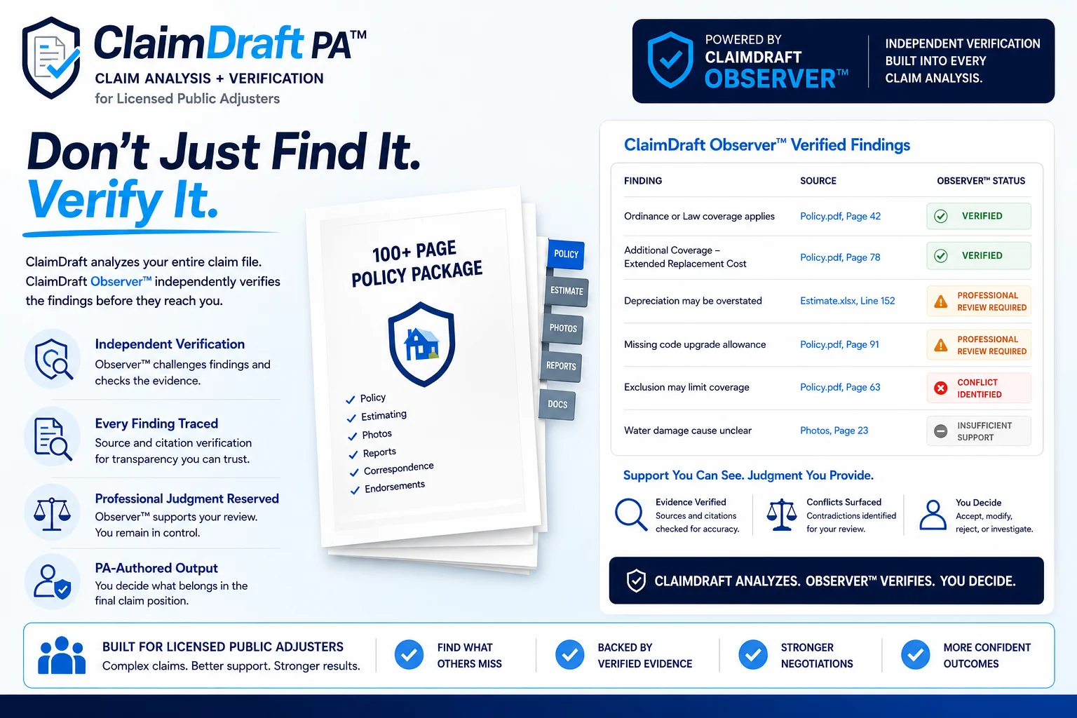 Observer verification showing findings traced to sources and classified for professional review.